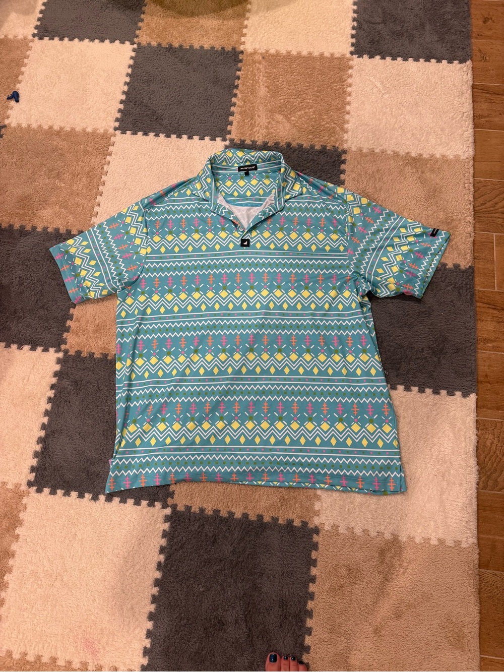 Men's Patterned Teal Polo Shirt with Geometric Print
